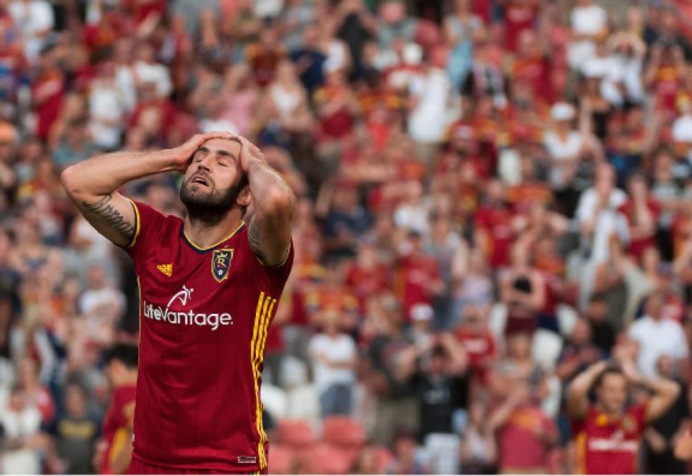 Michael Mangum  |  Special to the Tribune

Real Salt Lake forward Yura Movsisyan reacts in despair following a missed chance during their U.S. Open Cup match against the Seattle Sounders at Rio Tinto Stadium in Sandy, UT on Tuesday, June 28th, 2016.