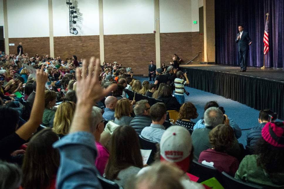 Chris Detrick  |  The Salt Lake Tribune
U.S. Rep. Jason Chaffetz, R-Utah, speaks to a question during the town-hall meeting in Brighton High School Thursday February 9, 2017.