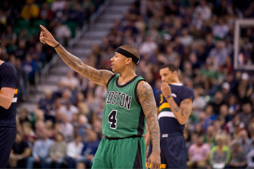 Lennie Mahler  |  The Salt Lake Tribune

Isaiah Thomas motions to teammates in the first half of a game between the Utah Jazz and the Boston Celtics at Vivint Smart Home Arena on Saturday, Feb. 11, 2017.