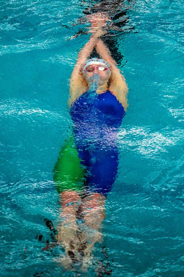 Chris Detrick  |  The Salt Lake Tribune
Park City junior Katie Hale competes in the 100 Yard Backstroke during the 3A swimming tournament at Brigham Young University Saturday February 11, 2017.