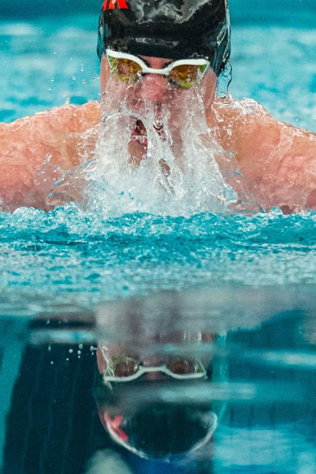 Chris Detrick  |  The Salt Lake Tribune
Cedar City junior Garrett Dotson competes in the 100 Yard Breaststroke during the 3A swimming tournament at Brigham Young University Saturday February 11, 2017.