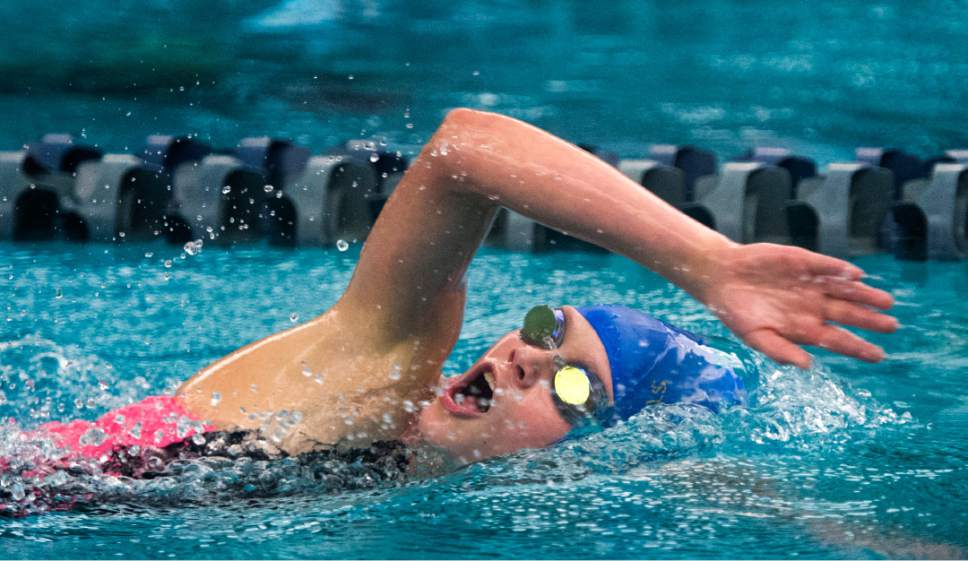 Rick Egan  |  The Salt Lake Tribune

Kate Hansen swims to a first place finish for Timpview, in the Women's 500 Yard Freestyle, in the 4A state swimming finals at BYU, Saturday, February 11, 2017.