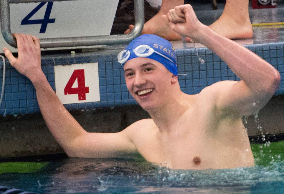 Rick Egan  |  The Salt Lake Tribune

Brigham Harrison, Timpview, celebrates his first place finish in the Men's 500 Yard Freestyle, in the 4A state swimming finals at BYU, Saturday, February 11, 2017.