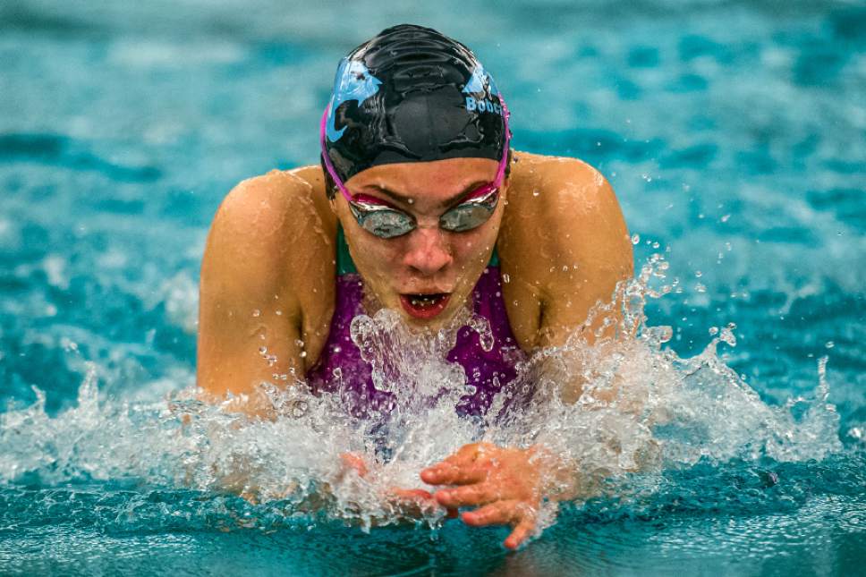 Chris Detrick  |  The Salt Lake Tribune
Sky View senior Alexa Walters competes in the 100 Yard Breaststroke during the 5A swimming tournament at Brigham Young University Friday February 10, 2017.