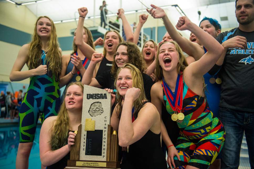 Chris Detrick  |  The Salt Lake Tribune
Members of the Sky View girls swimming team celebrate after winning the 5A swimming tournament at Brigham Young University Friday February 10, 2017.