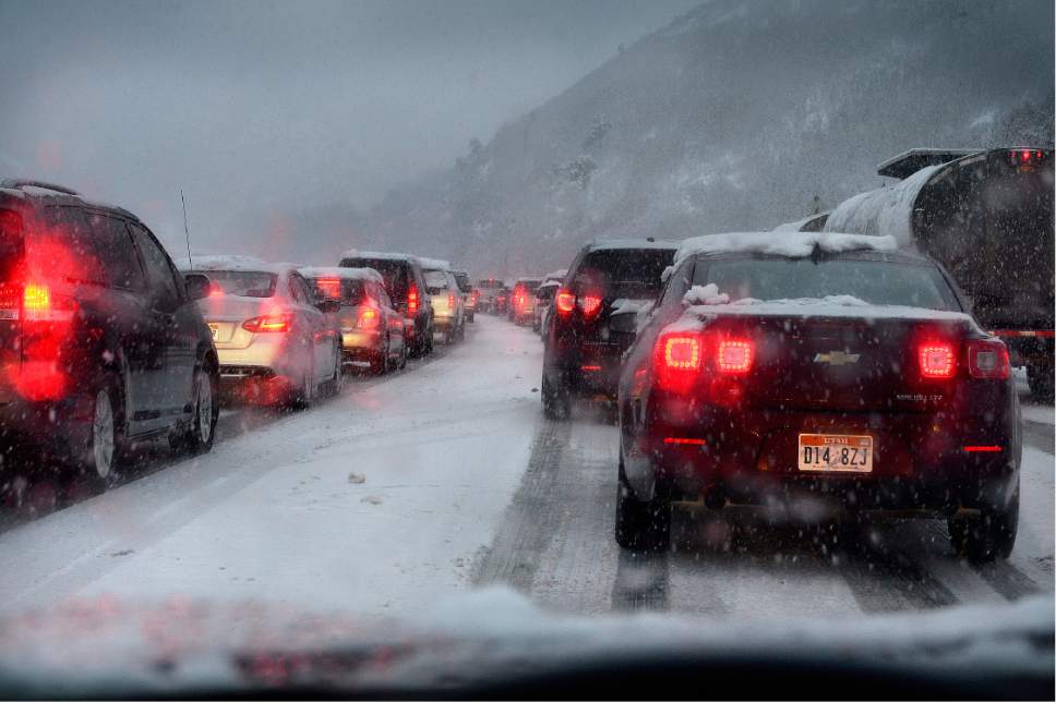 Scott Sommerdorf   |  The Salt Lake Tribune  
Many marchers said they were delayed getting to Park city by the horrendous bumper to bumper traffic up Parley's Canyon early in the morning, Saturday, January 21, 2017.