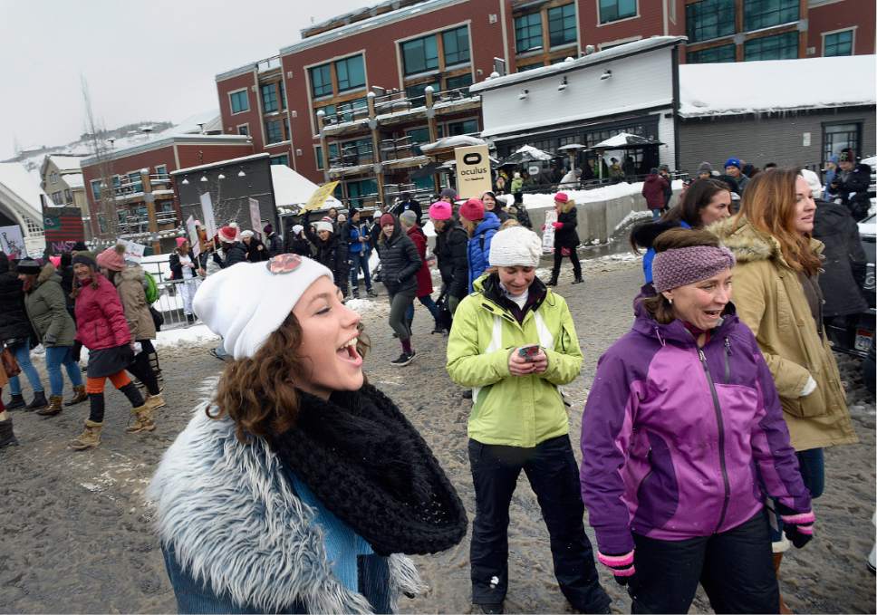 Scott Sommerdorf   |  The Salt Lake Tribune  
Marchers at the end of he Women's March down Main Street in Park City, Saturday, January 21, 2017.