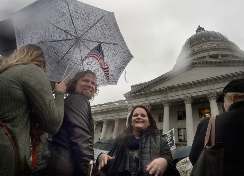Scott Sommerdorf   |  The Salt Lake Tribune  
Polygamist Kody Brown and his family along with other polygamists and their supporters rally on the south steps of the Capitol building, Friday, Feb. 10, 2017.