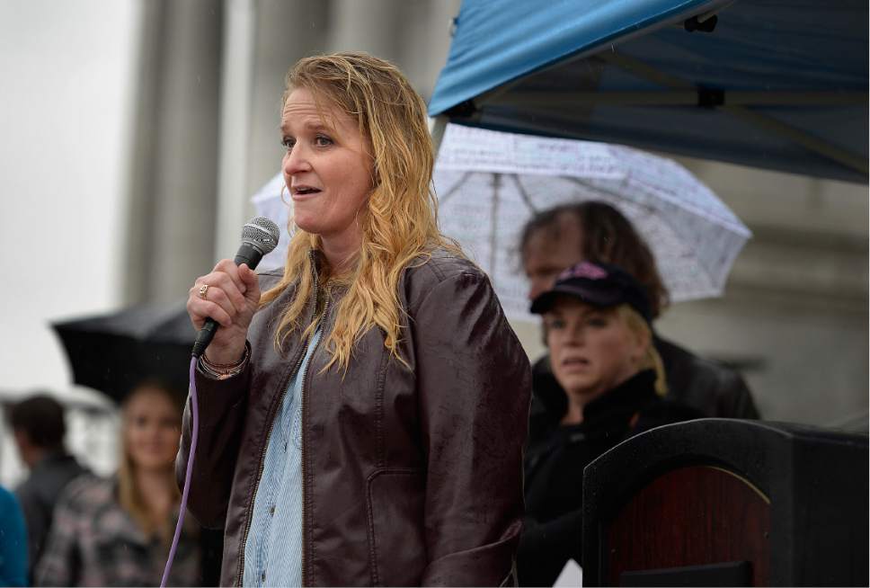 Scott Sommerdorf   |  The Salt Lake Tribune  
Polygamist Christine Brown speaks to polygamists and their supporters, and some HB099 supporters at a rally on the south steps of the Capitol, Friday, February 10, 2017.
