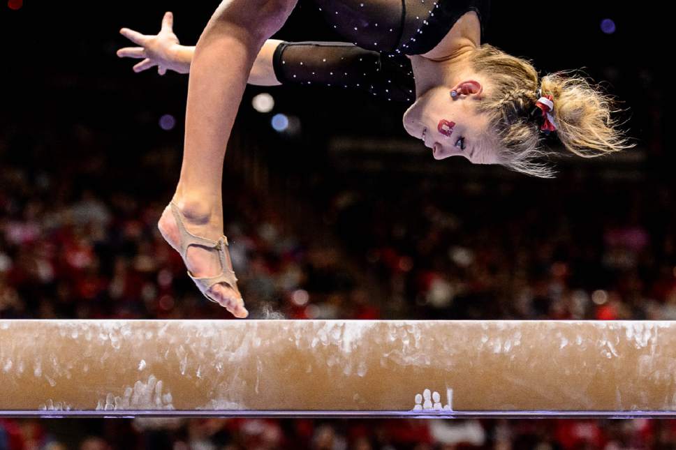 Trent Nelson  |  The Salt Lake Tribune
Utah's MaKenna Merrell on the beam as the University of Utah hosts Cal, NCAA Gymnastics at the Huntsman Center, Saturday February 4, 2017.