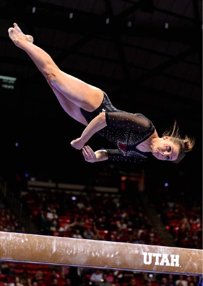 Trent Nelson  |  The Salt Lake Tribune
Utah's Missy Reinstadtler on the beam as the University of Utah hosts Cal, NCAA Gymnastics at the Huntsman Center, Saturday February 4, 2017.