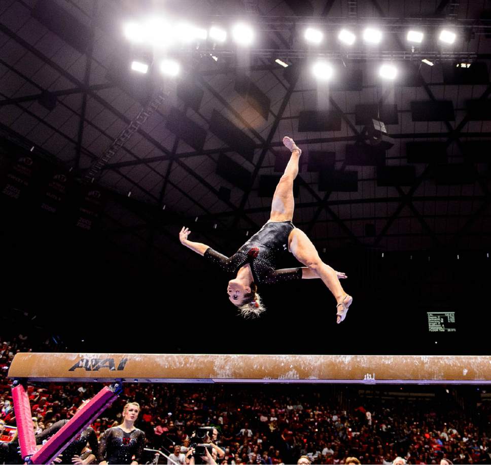 Trent Nelson  |  The Salt Lake Tribune
Utah's MyKayla Skinner on the beam as the University of Utah hosts Cal, NCAA Gymnastics at the Huntsman Center, Saturday February 4, 2017.