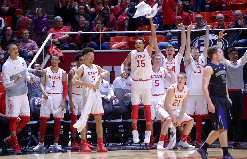 Leah Hogsten  |  The Salt Lake Tribune
Utah celebrates the win. University of Utah's men's basketball team defeated University of Washington, 85-61 during their game, February 11, 2017 at Utah's Jon M. Huntsman Center.