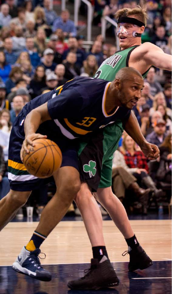 Lennie Mahler  |  The Salt Lake Tribune

Boris Diaw works against Jonas Jerebko in the post in the first half of a game between the Utah Jazz and the Boston Celtics at Vivint Smart Home Arena on Saturday, Feb. 11, 2017.