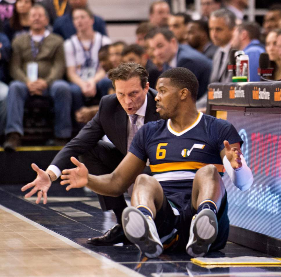 Lennie Mahler  |  The Salt Lake Tribune

Utah Jazz head coach Quin Snyder speaks with Joe Johnson before he enters the game in the first half of a game between the Utah Jazz and the Boston Celtics at Vivint Smart Home Arena on Saturday, Feb. 11, 2017.