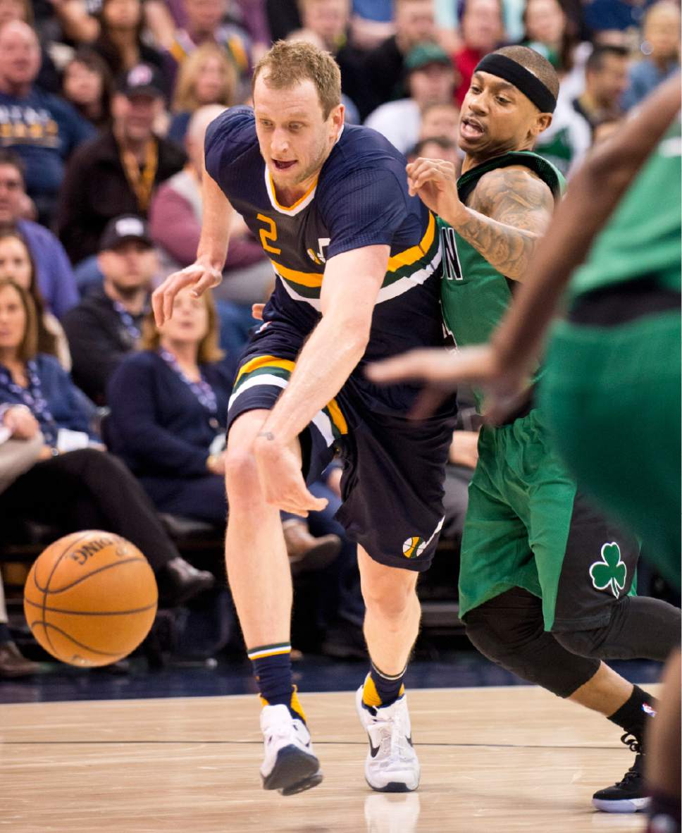 Lennie Mahler  |  The Salt Lake Tribune

Joe Ingles drives past Boston's Isaiah Thomas in the first half of a game between the Utah Jazz and the Boston Celtics at Vivint Smart Home Arena on Saturday, Feb. 11, 2017.