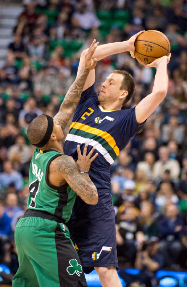 Lennie Mahler  |  The Salt Lake Tribune

Joe Ingles is guarded closely by Boston's Isaiah Thomas in the first half of a game between the Utah Jazz and the Boston Celtics at Vivint Smart Home Arena on Saturday, Feb. 11, 2017.