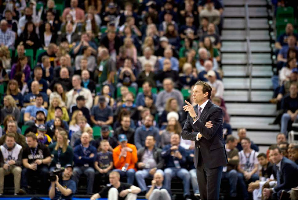 Lennie Mahler  |  The Salt Lake Tribune

Utah Jazz head coach Quin Snyder stands on the sideline in the first half of a game between the Utah Jazz and the Boston Celtics at Vivint Smart Home Arena on Saturday, Feb. 11, 2017.
