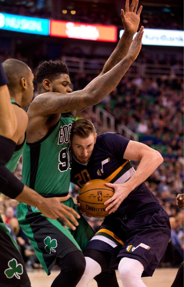 Lennie Mahler  |  The Salt Lake Tribune

Gordon Hayward drives against Amir Johnson in the first half of a game between the Utah Jazz and the Boston Celtics at Vivint Smart Home Arena on Saturday, Feb. 11, 2017.