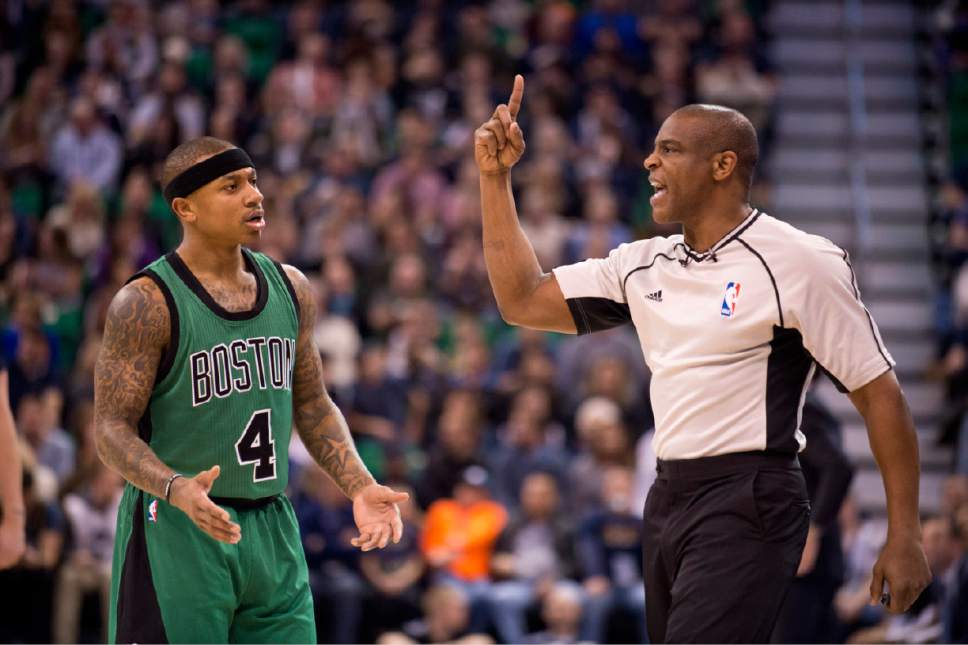 Lennie Mahler  |  The Salt Lake Tribune

Boston's Isaiah Thomas disputes a foul call with an official in the first half of a game between the Utah Jazz and the Boston Celtics at Vivint Smart Home Arena on Saturday, Feb. 11, 2017.
