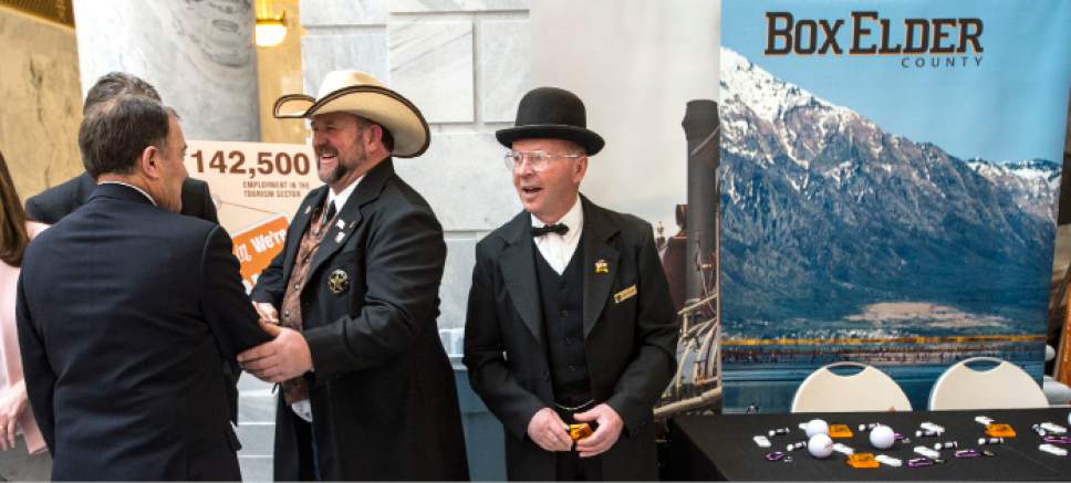 Steve Griffin  |  The Salt Lake Tribune


Utah Gov. Gary Herbert, left, shakes hands with members of the Box Elder County group, dressed in Golden Spike era clothing, during Tourism Day in the Rotunda of the State Capitol in Salt Lake City Monday February 13, 2017.