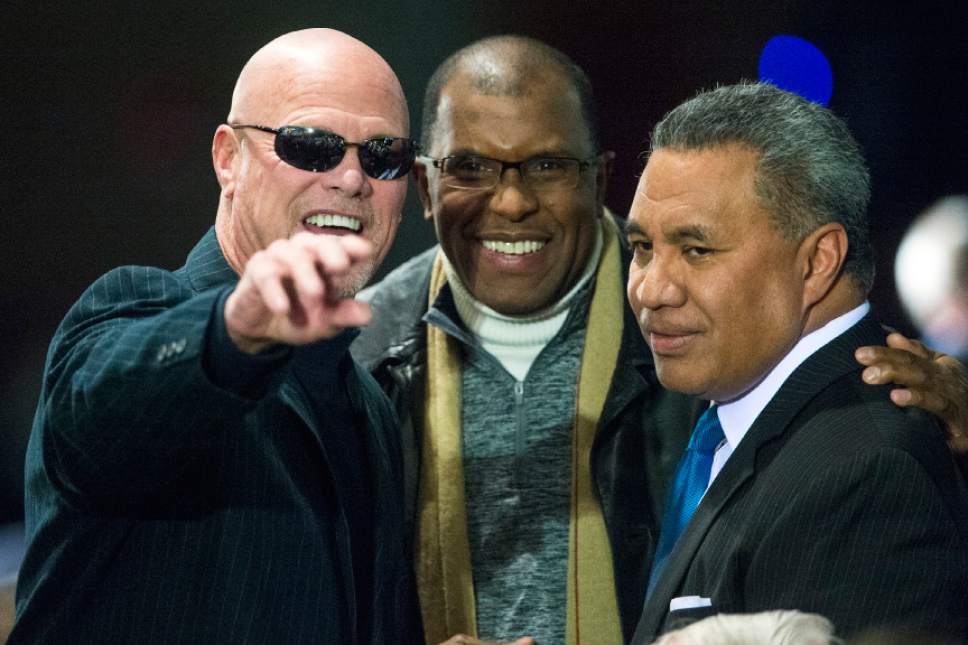 Chris Detrick  |  The Salt Lake Tribune
Jim McMahon, Adam Haysbert and Vai Sikahema attend the public service for LaVell Edwards at Utah County Convention Center in Provo Friday January 6, 2017.
