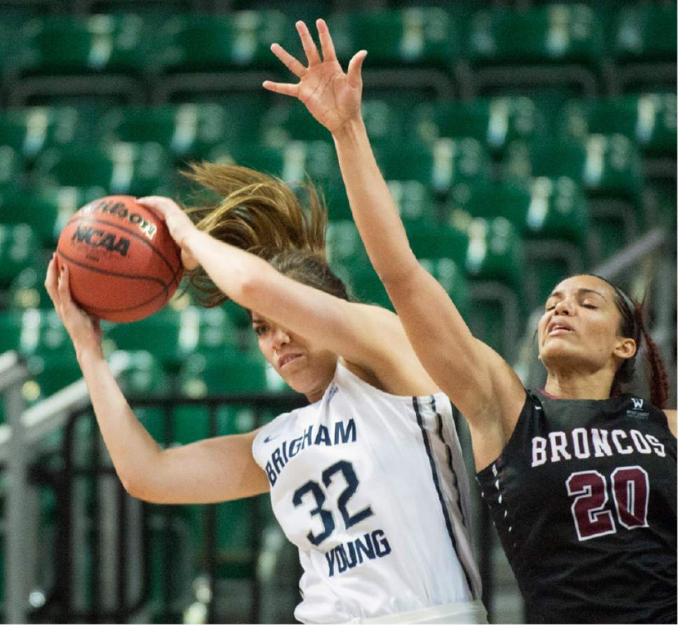 Rick Egan  |  The Salt Lake Tribune

Brigham Young Cougars forward Kalani Purcell (32) grabs a rebound from Santa Clara Broncos forward Lori Parkinson (20), in basketball action in the West Coast Conference Semifinals, at the Orleans Arena in Las Vegas, Saturday, March 7, 2016.