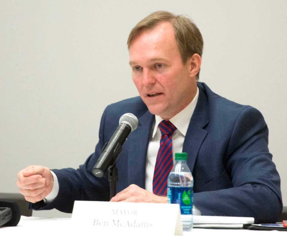 Rick Egan  |  The Salt Lake Tribune

Salt Lake County Mayor Ben McAdams makes a comment as part of a panel of state and community leaders as they discussed issues surrounding homelessness in Salt Lake County at Salt Lake Community College South City Campus, Monday, February 13, 2017.