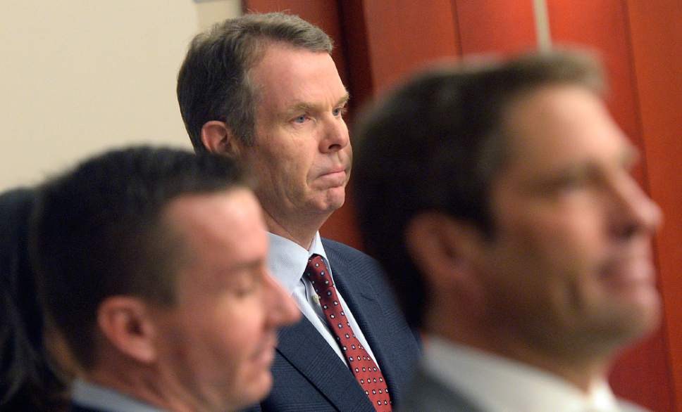 Al Hartmann  |  The Salt Lake Tribune
John Swallow stands with is defense team for the jury to enter the courtroom Tuesday Feb. 14 for the second week of his public corruption trial.