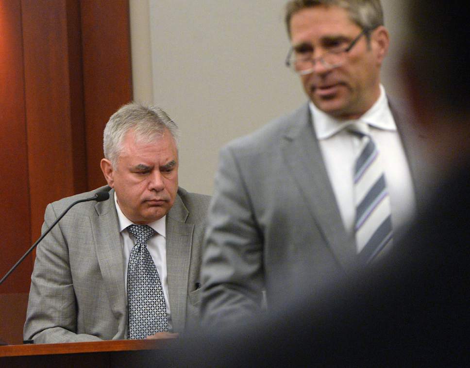 Al Hartmann  |  The Salt Lake Tribune
Lead defense lawyer Scott Williams, right, questions Paul Nelson, friend of Mark Sessions Jenson at John Swallow's public corruption trial in Salt Lake City Tuesday Feb. 14.
