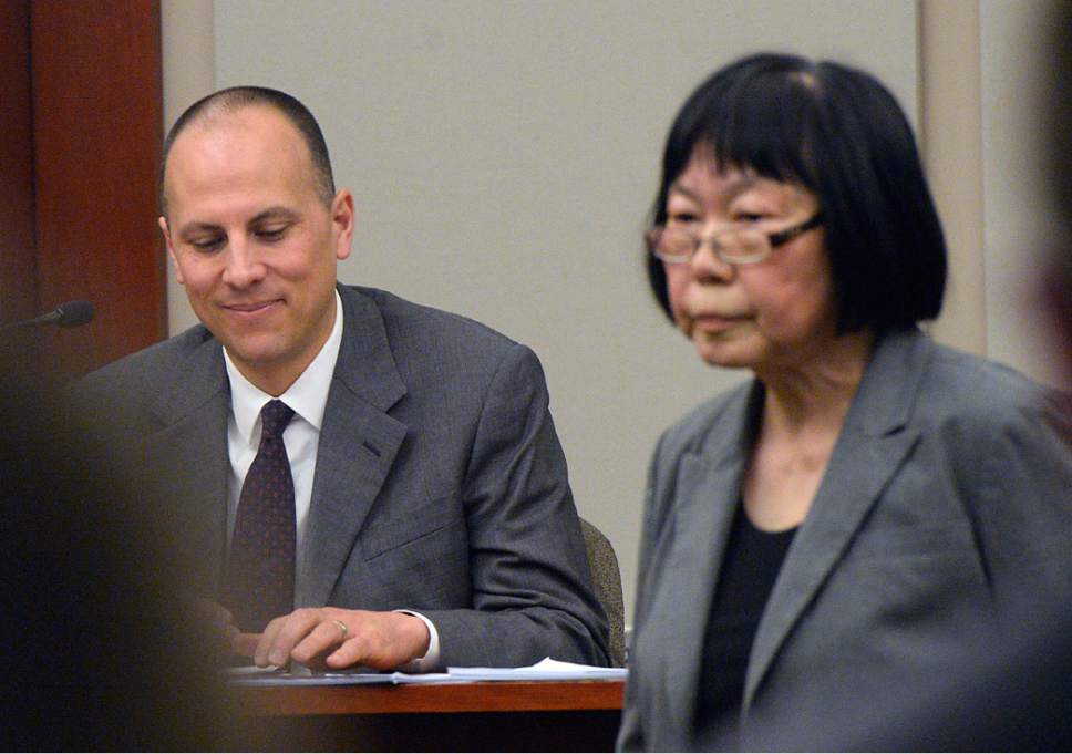 Al Hartmann  |  The Salt Lake Tribune
Peter Torres, personal assistant for Mark Sessions Jenson testifies in the John Swallow public corruption trial in Salt Lake City Tuesday Feb. 14. Deputy District Attorney Chou Chou Collins, right.