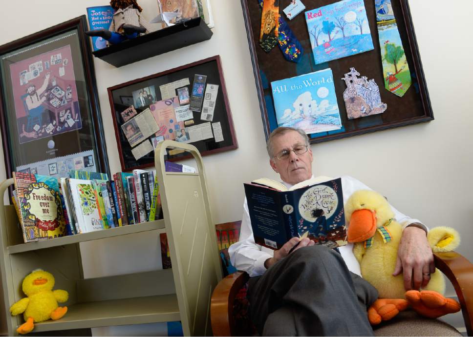 Francisco Kjolseth | The Salt Lake Tribune
Provo Library Director Gene Nelson read more than 300 children's books in 2016, many of them two or even three times, to help determine the 2017 Newbery Medal winner, awarded annually by the American Library Association. Adding to his 20-30 hours a week of reading, Nelson overlooks some of the books he's read at the Provo Library recently.