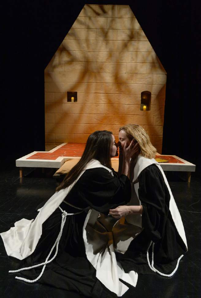 Francisco Kjolseth | The Salt Lake Tribune
Christy Summerhays, right, as Hildegard and Emilie Starr as Richardis star in Plan-B's production of "Virtue," a play with music by Utah playwright Tim Slover about Hildegard of Bingen, a 12th-century German Benedictine abbess, who had visions. She was also a writer and herbalist and is considered to have written the first-ever opera and might have been lesbian.