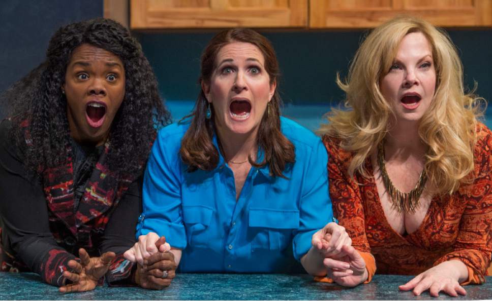 Leah Hogsten  |  The Salt Lake Tribune
From left, Rosalyn Coleman plays "Jo', Anne Tolpegin plays "Mary" and Elizabeth Meadows Rouse plays "Liz" in Pioneer Theatre Company's upcoming premiere of "Women in Jeopardy!" -- a comedy set in Utah about what happens to the friendship of divorced women when they think their friend has fallen in love with a serial killer.