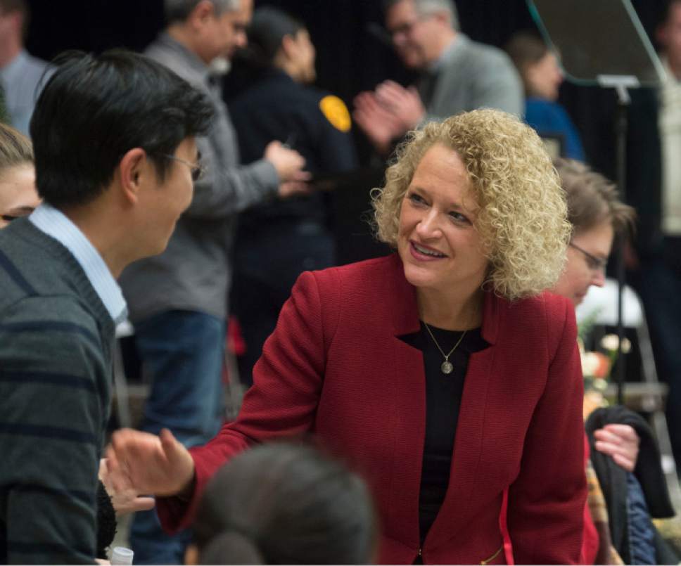 Steve Griffin  |  The Salt Lake Tribune
Salt Lake City Jackie Biskupski talks with members of the audience following her State of the City address at Mountain View Elementary School in Salt Lake City, Tuesday, January 26, 2016.
