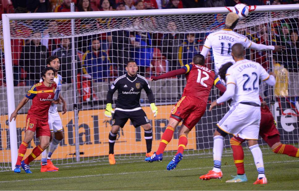 Leah Hogsten  |  The Salt Lake Tribune
Real Salt Lake goalkeeper Nick Rimando (18) looks for the header from Los Angeles Galaxy forward Gyasi Zardes (11) that is missed. Real Salt Lake and LA Galaxy end the game 0-0 during their game at Rio Tinto Stadium, May 6, 2015.