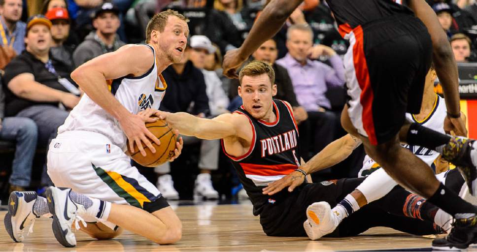 Trent Nelson  |  The Salt Lake Tribune
Utah Jazz forward Joe Ingles (2) and Portland Trail Blazers guard Pat Connaughton (5) fight for a loose ball as the Utah Jazz host the Portland Trailblazers, NBA basketball in Salt Lake City, Wednesday February 15, 2017.