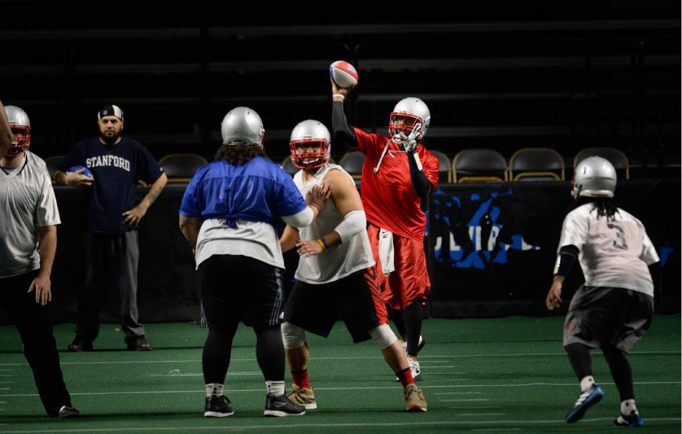 Scott Sommerdorf   |  The Salt Lake Tribune  
The Salt Lake Screaming Eagles in practice at The Maverick Center, Wednesday, February 15, 2017. The Screaming Eagles are a new arena football team that relies on fan voting for everything from hiring the team's coaches to roster cuts to calling each play of the game.