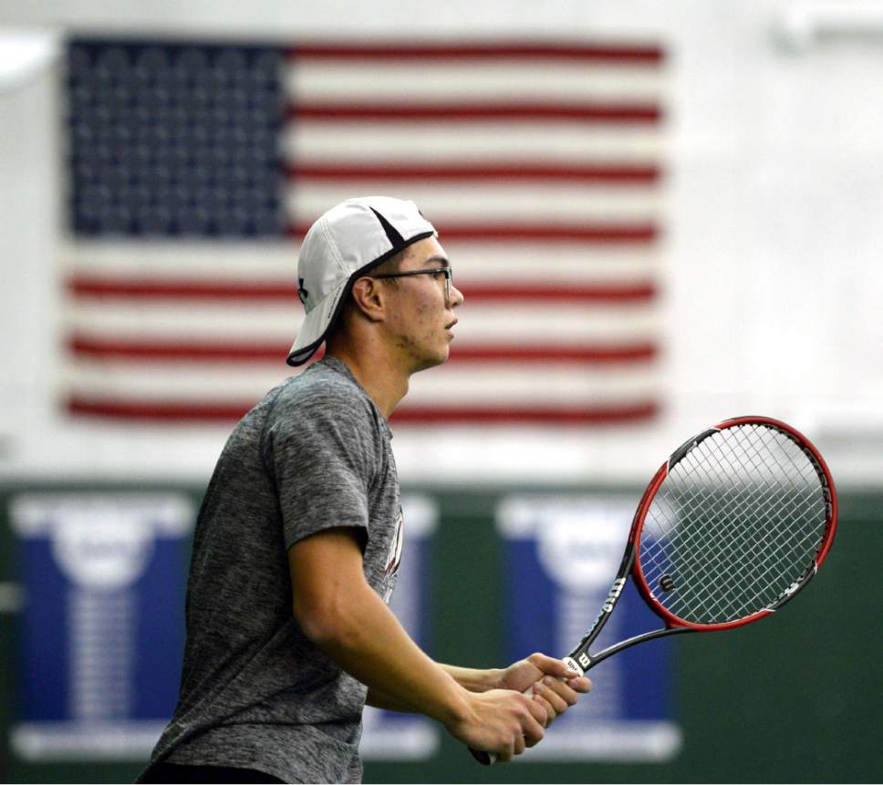 Steve Griffin  |  The Salt Lake Tribune

University of Utah tennis player Azat Hankuliyev, redshirt freshman, born in Turkmenistan, practices for a match against BYU at the BYU indoor tennis facility in Provo, Wednesday February 8, 2017.