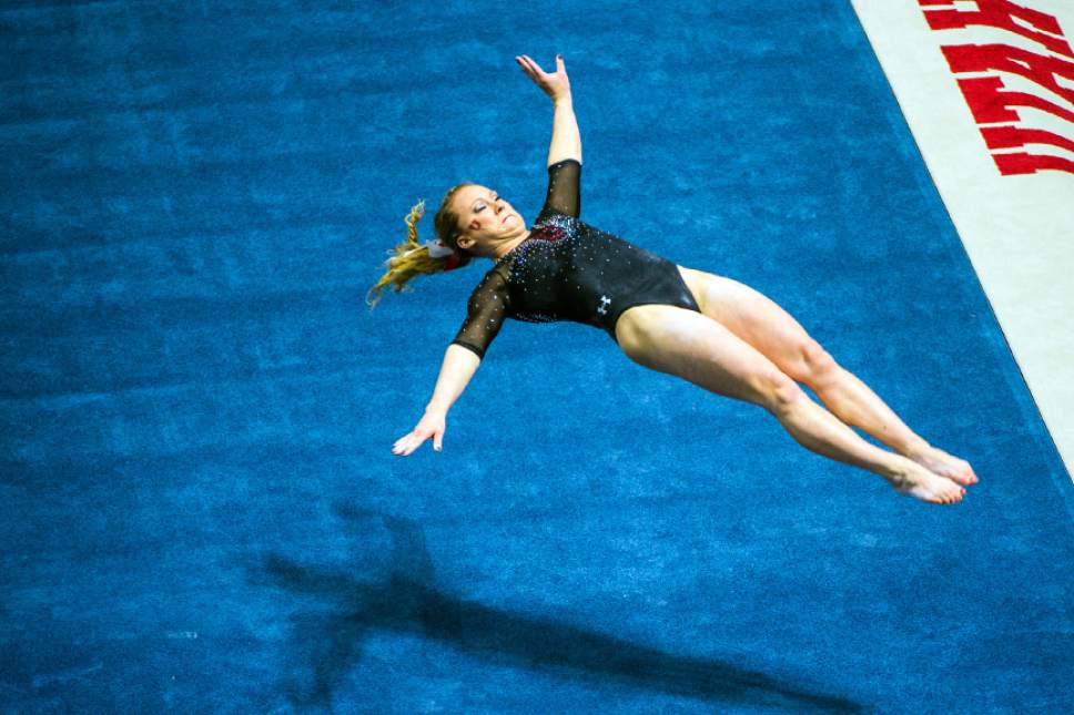 Chris Detrick  |  The Salt Lake Tribune
Utah gymnast Maddy Stover performs her floor routine during the Red Rocks Preview at the Huntsman Center Friday December 11, 2015.