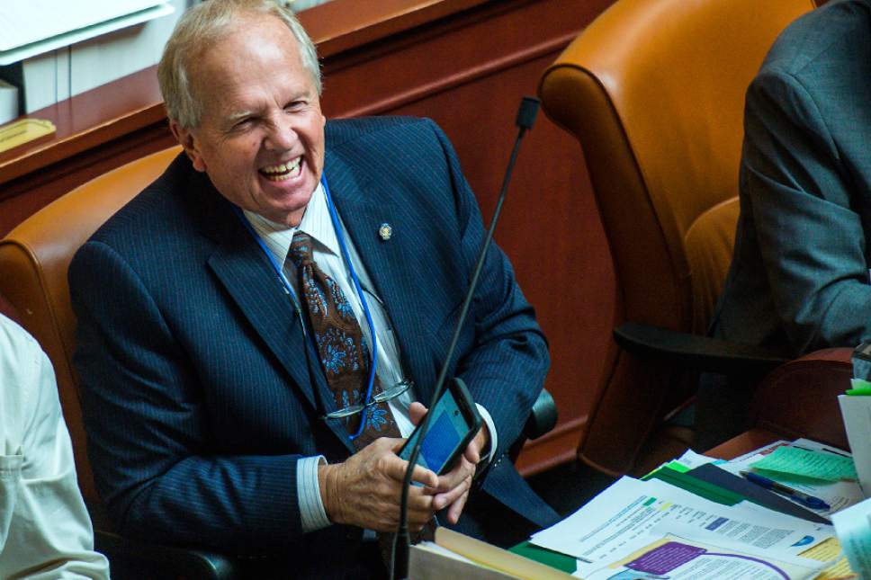 Chris Detrick  |  The Salt Lake Tribune
Rep. Mike Noel, R-Kanab, celebrate the passage of H.B. 82, Street-legal All-terrain Vehicle Amendments, in the House of Representatives at the Utah State Capitol Wednesday February 15, 2017.
