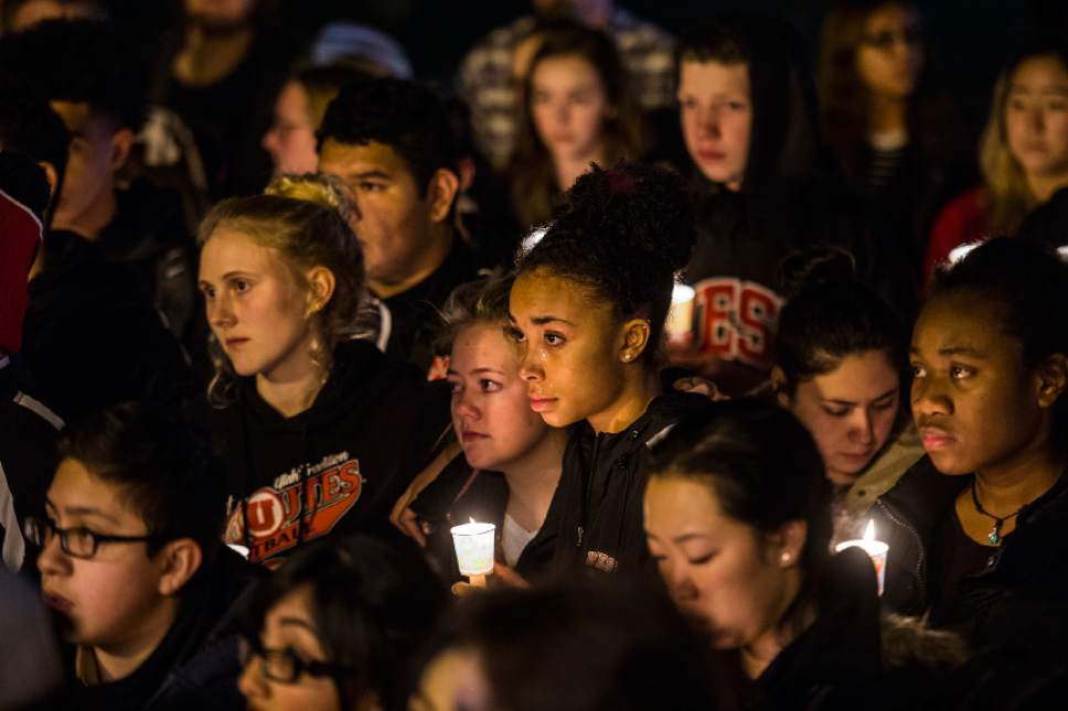 Chris Detrick  |  The Salt Lake Tribune
Students, family, friends and community members gather for a candlelight vigil Friday February 17, 2017. Police have identified two West High School students who were killed Thursday in a downtown Salt Lake City car crash. The students, 17-year-old Vidal Pacheco and 18-year-old Dylan Hernandez, were passengers in a northbound car driven by a third teen, which witnesses said appeared to be racing another car and traveling in excess of 70 mph on 300 West about 11:30 a.m., said Salt Lake City police Detective Cody Lougy.