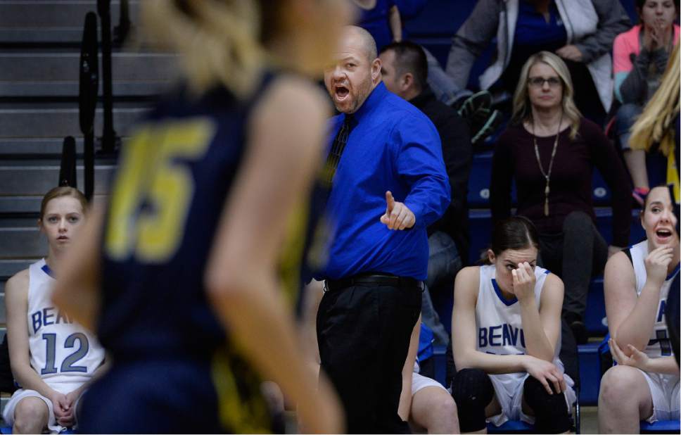 Scott Sommerdorf   |  The Salt Lake Tribune  
Beaver head coach Jonathan Marshall yells instructions as his team is involved in second half play. Beaver beat Summit Academy 57-33, in a Class 2A girls' basketball playoff game played at Orem High, Friday, February 17, 2017.