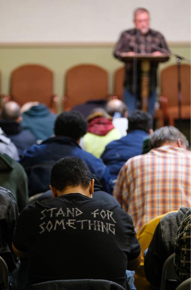 Francisco Kjolseth | The Salt Lake Tribune
Different faith groups provide spiritual succor for the homeless at the Rescue Mission in Salt Lake during a recent chapel service before dinner.