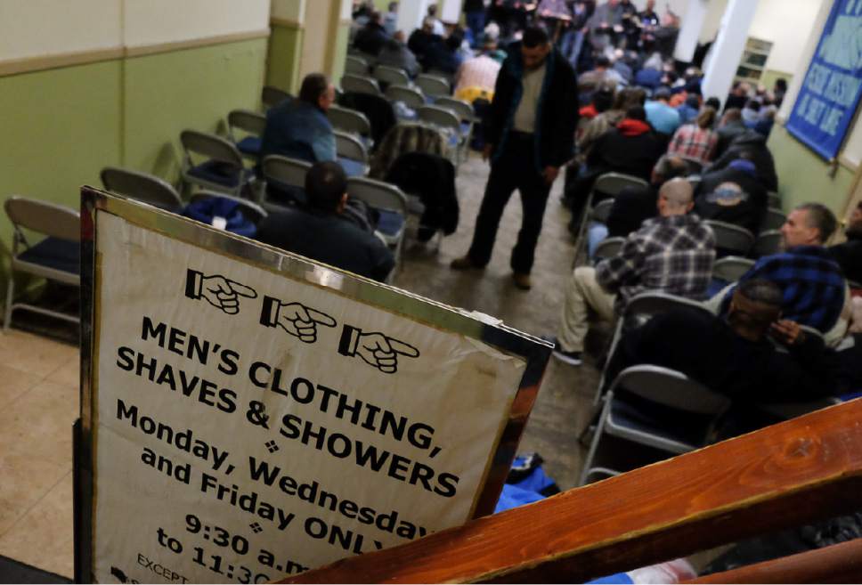 Francisco Kjolseth | The Salt Lake Tribune
Men and a few women gather at the Rescue Mission in Salt Lake for religious services held every night before dinner.