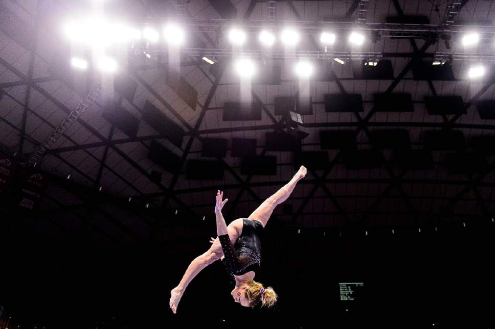 Trent Nelson  |  The Salt Lake Tribune
Utah's Maddy Stover on the beam as the University of Utah hosts Cal, NCAA Gymnastics at the Huntsman Center, Saturday February 4, 2017.