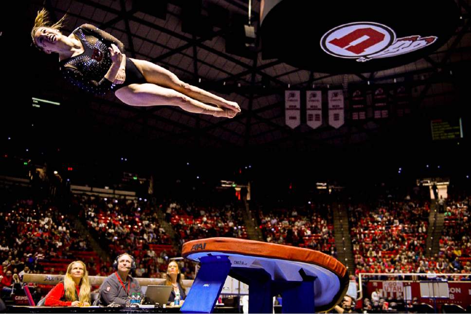 Trent Nelson  |  The Salt Lake Tribune
Utah's Baely Rowe on the vault as the University of Utah hosts Cal, NCAA Gymnastics at the Huntsman Center, Saturday February 4, 2017.