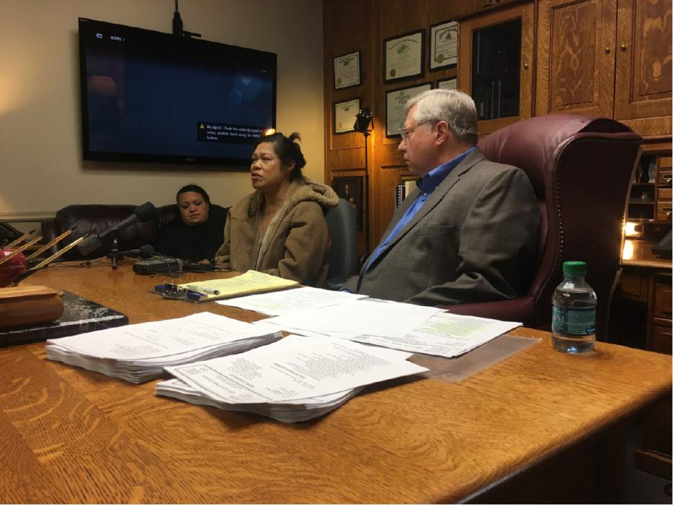 Mariah Noble  |  The Salt Lake Tribune

Tolina Tausinga, her mother Valu Angilau and attorney Robert Sykes held a news conference after filing a lawsuit for the 2014 death of Siale Angilau.