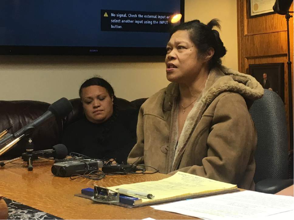 Mariah Noble  |  The Salt Lake Tribune

Tolina Tausinga, her mother Valu Angilau and attorney Robert Sykes held a news conference after filing a lawsuit for the 2014 death of Siale Angilau.
