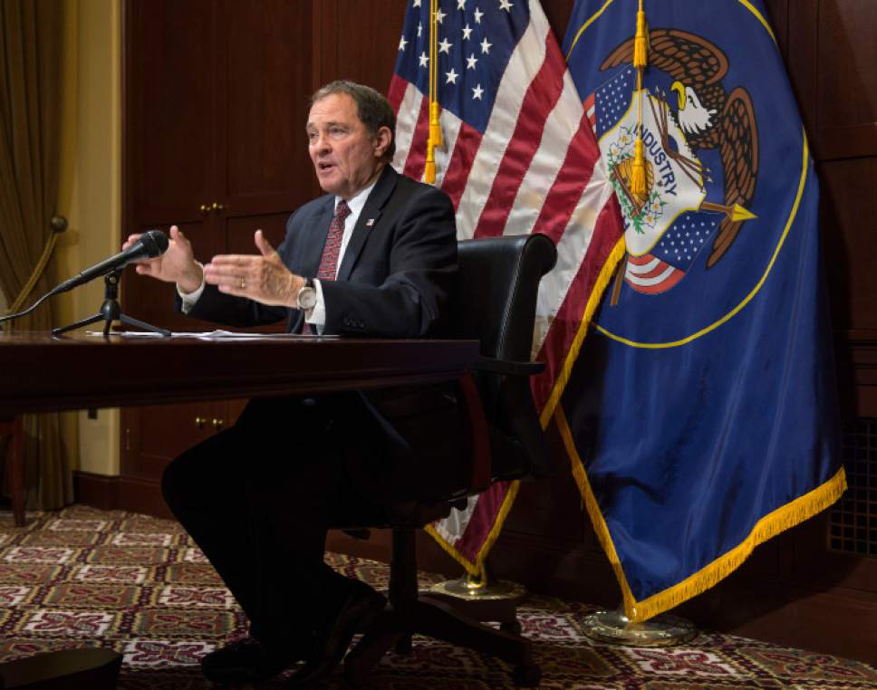 Steve Griffin  |  The Salt Lake Tribune


Gov. Gary Herbert talks with the media during the his availability in his office at the State Capitol in Salt Lake City Thursday February 9, 2017